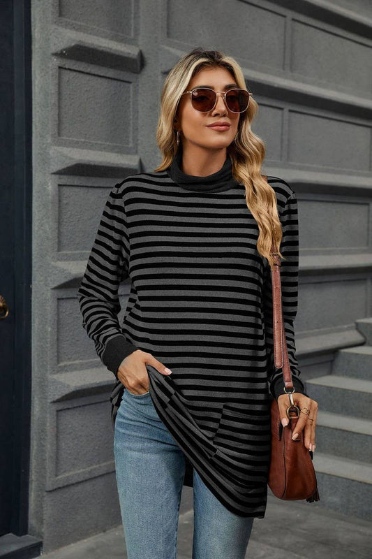 CWTBLL2357_HALF TURTLENECK STRIPED KNITTED LONG SLEEVE TOP