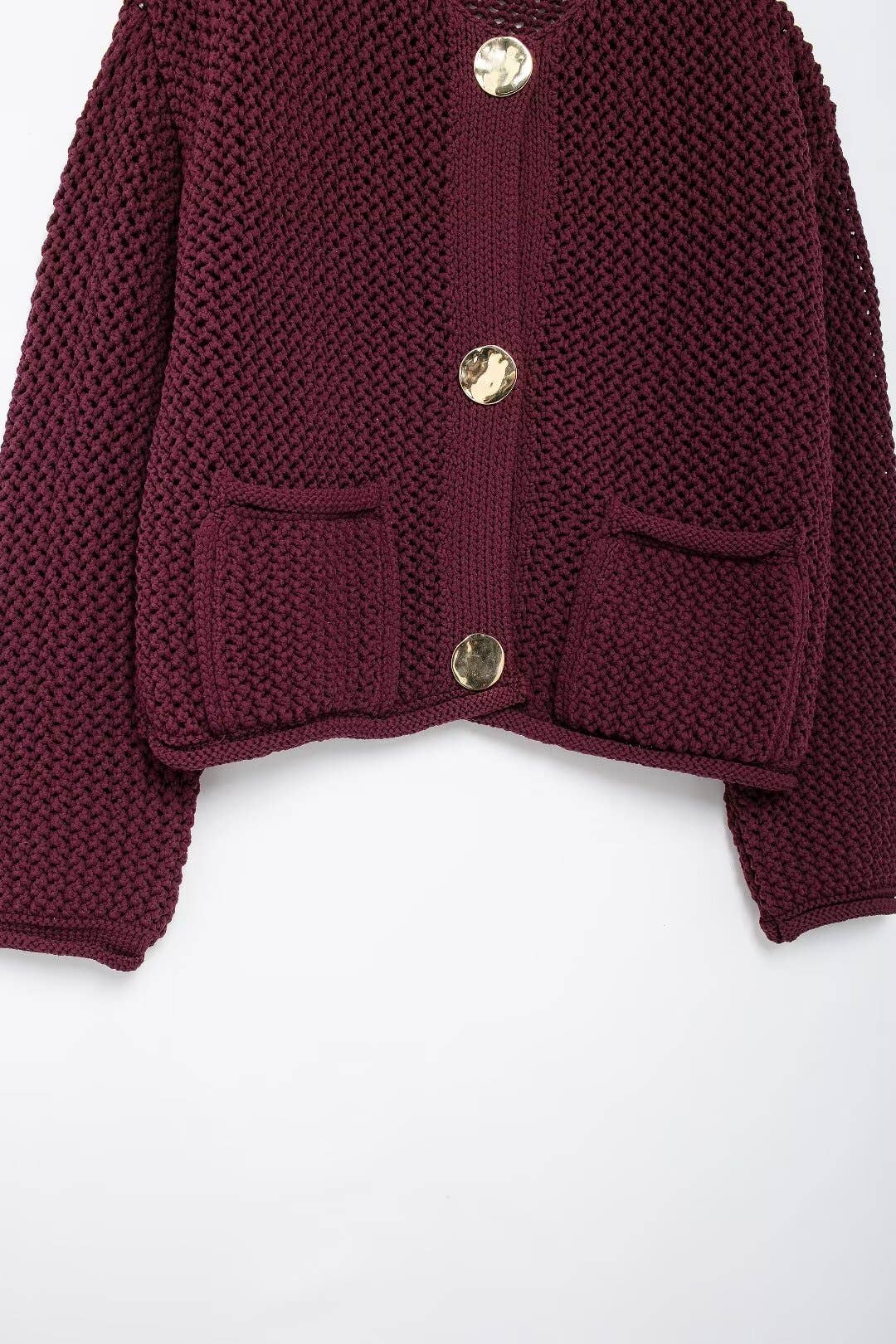 BURGUNDY COARSE NEEDLE KNIT CARDIGAN SWEATER
