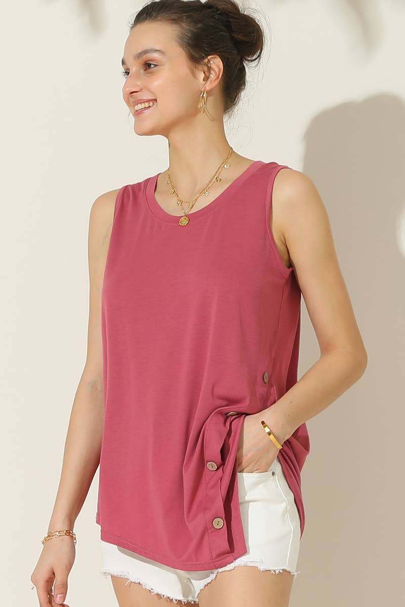 CWTTSL199_U NECK BOTTON SIDE BUTTON UP SLEEVELESS TOP