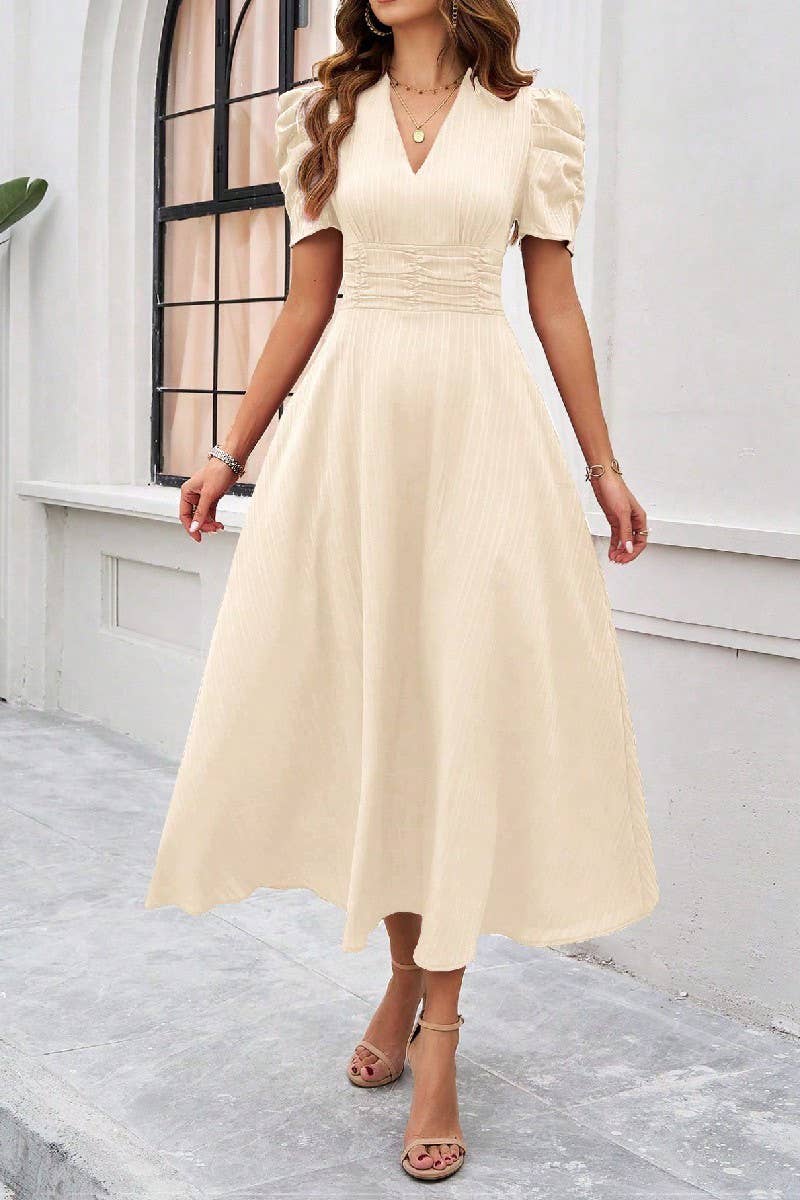 CWDMD6446_TEMPERAMENT HIGH WAIST SOLID COLOR WAIST DRESS