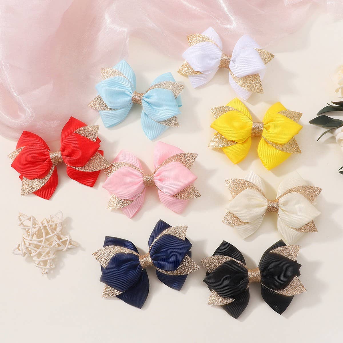 Glitter Bow Hair Clip Set for Girls Party Wear