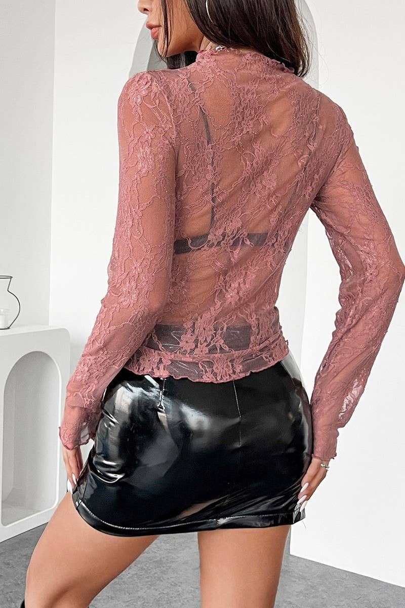 CWTBLL3465_LACE SEE-THROUGH RUFFLED SLIM-FIT LONGSLEEVED TOP