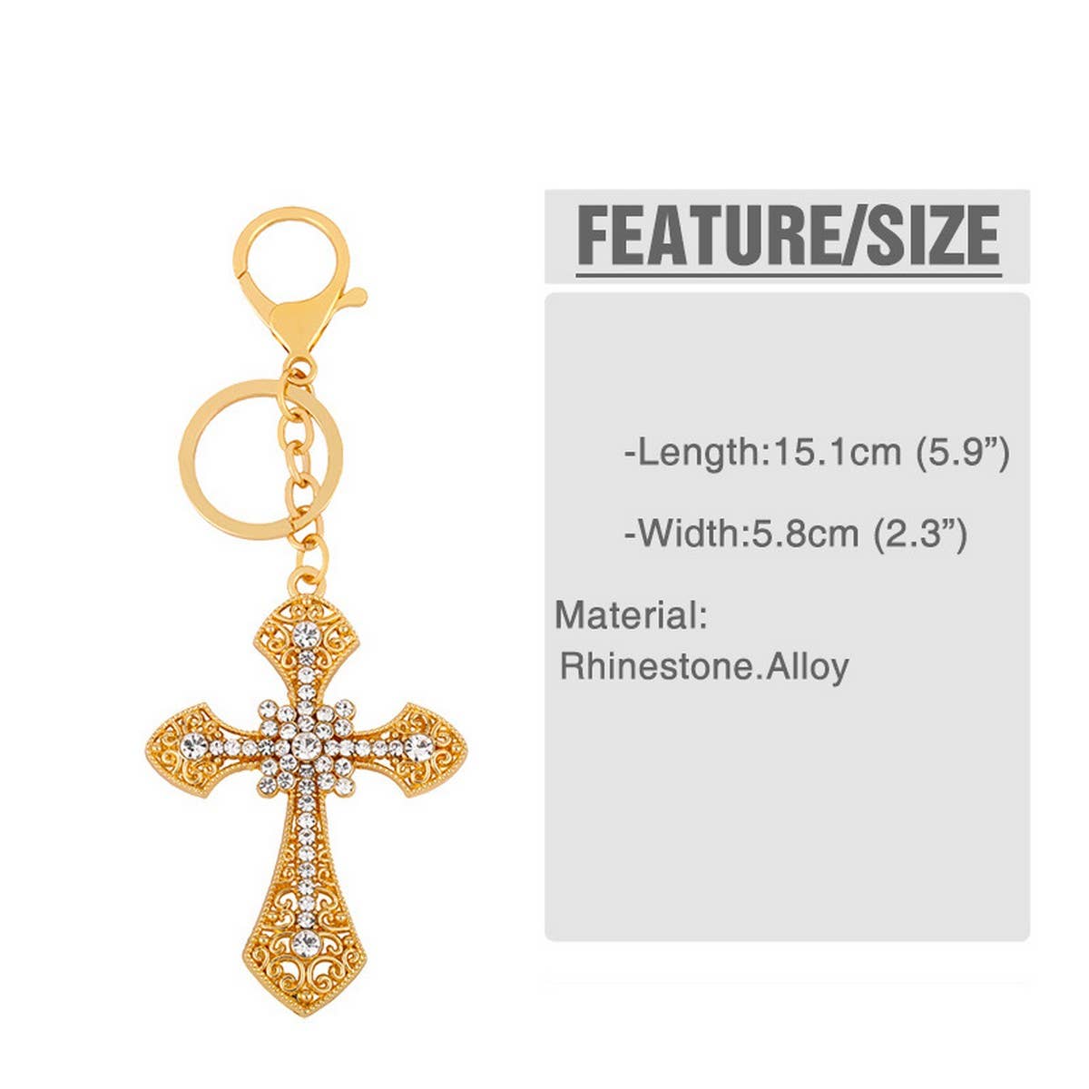 INLAID DIAMOND CROSS METAL KEYCHAIN