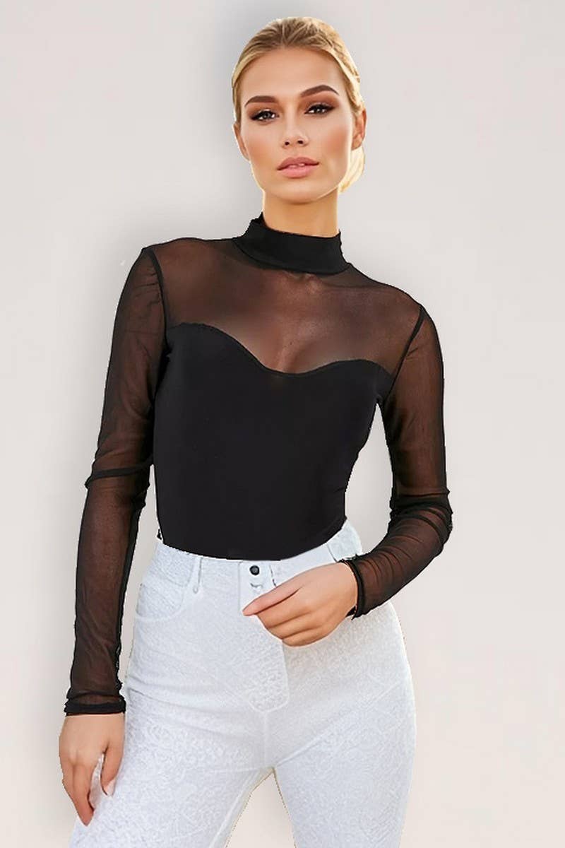 CWSBSL0153_SUMMER BLACK MESH LONG SLEEVE BODYSUIT