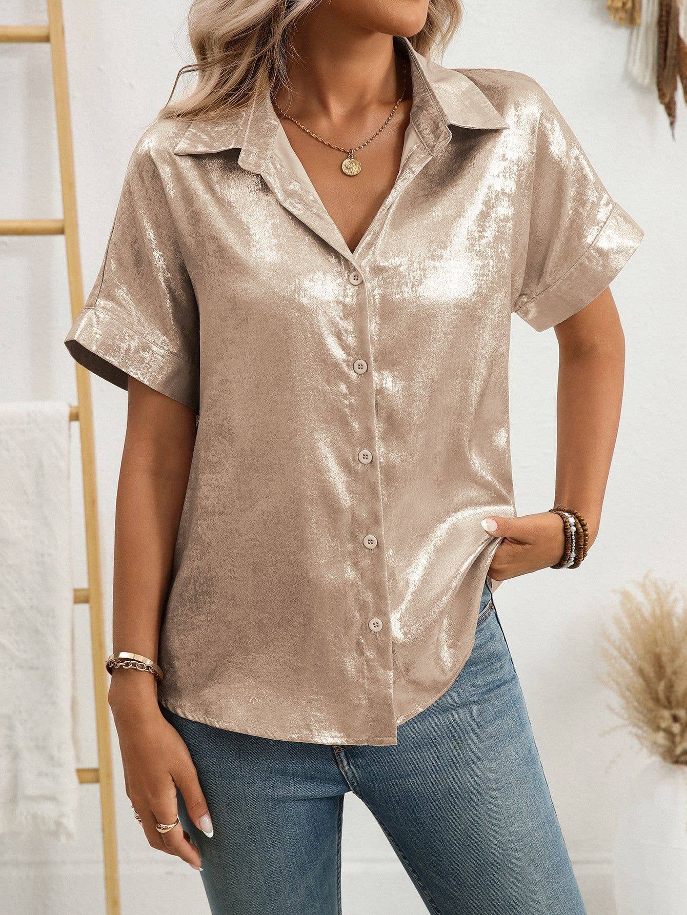 Casual loose short-sleeved lapel metallic shirt