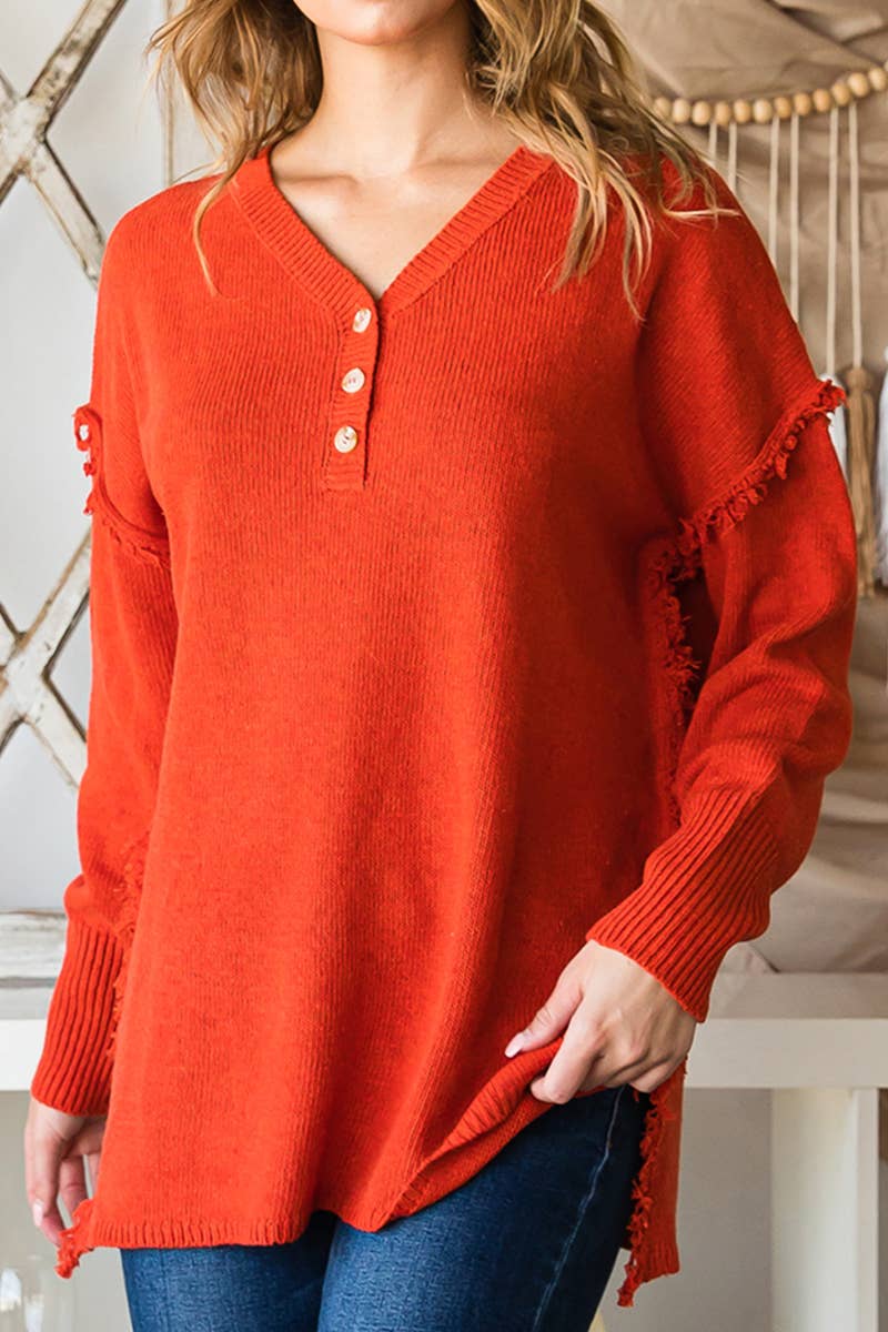 CWOSWL646-P_BUTTON DOWN FRINGE SHOULDER SWEATER KNIT TOP