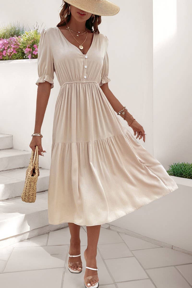 CWDMD5783_CASUAL RUCHED PUFF SLEEVE V-NECK SOLID DRESS