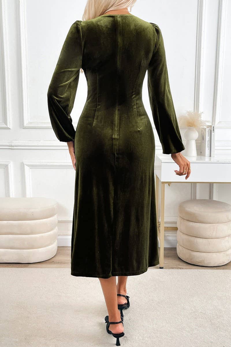 CWTBLL2051_ VELVET V NECK LACE NECK PARTY DRESS