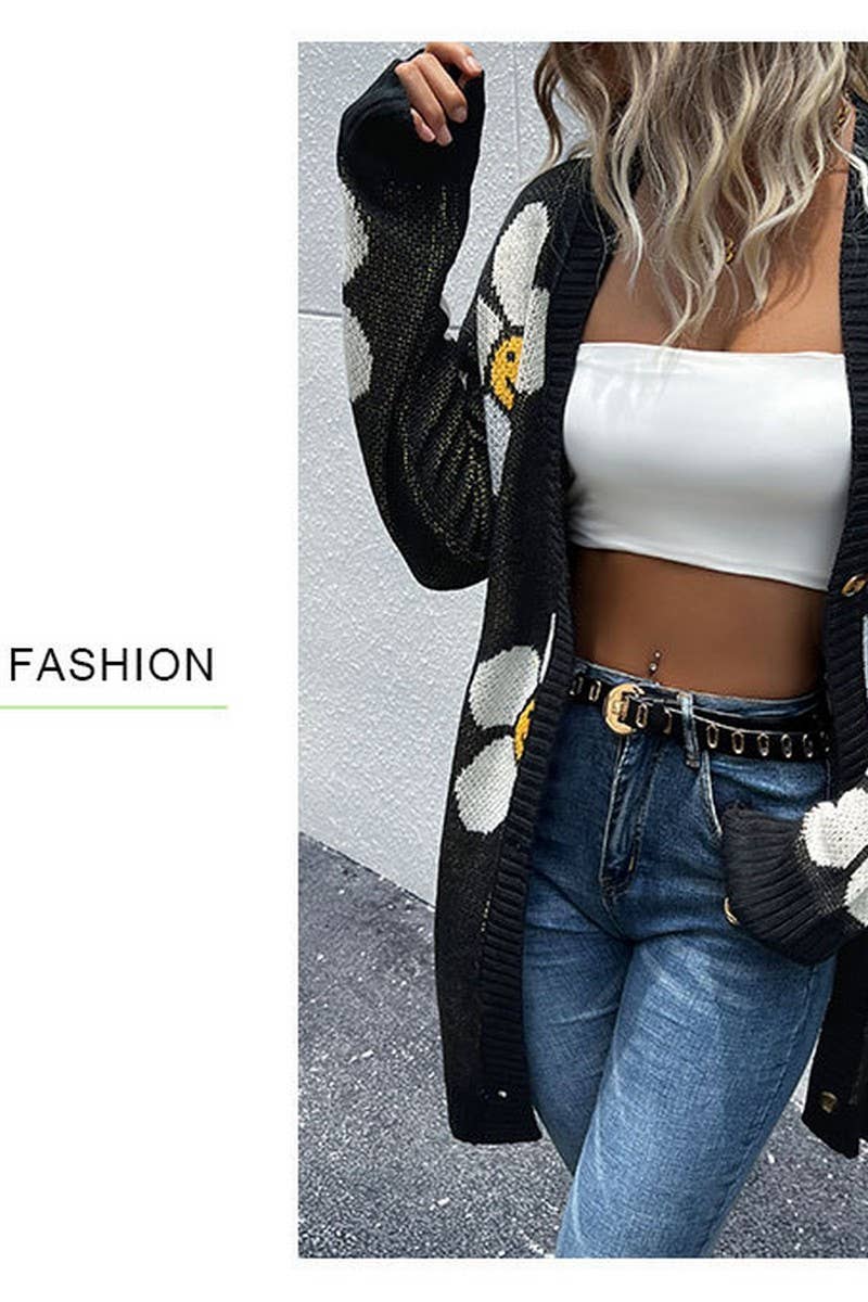 CWOCAL1119_FLORAL LONG SLEEVE MID-LENGTH KNITTED CARDIGAN
