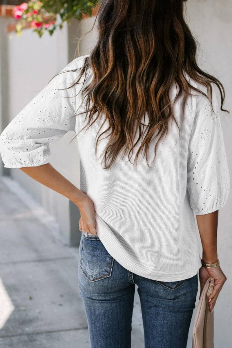 CWOHOS0021_SUMMER DRAWSTRING HOLLOW V-NECK SLEEVE T-SHIRT