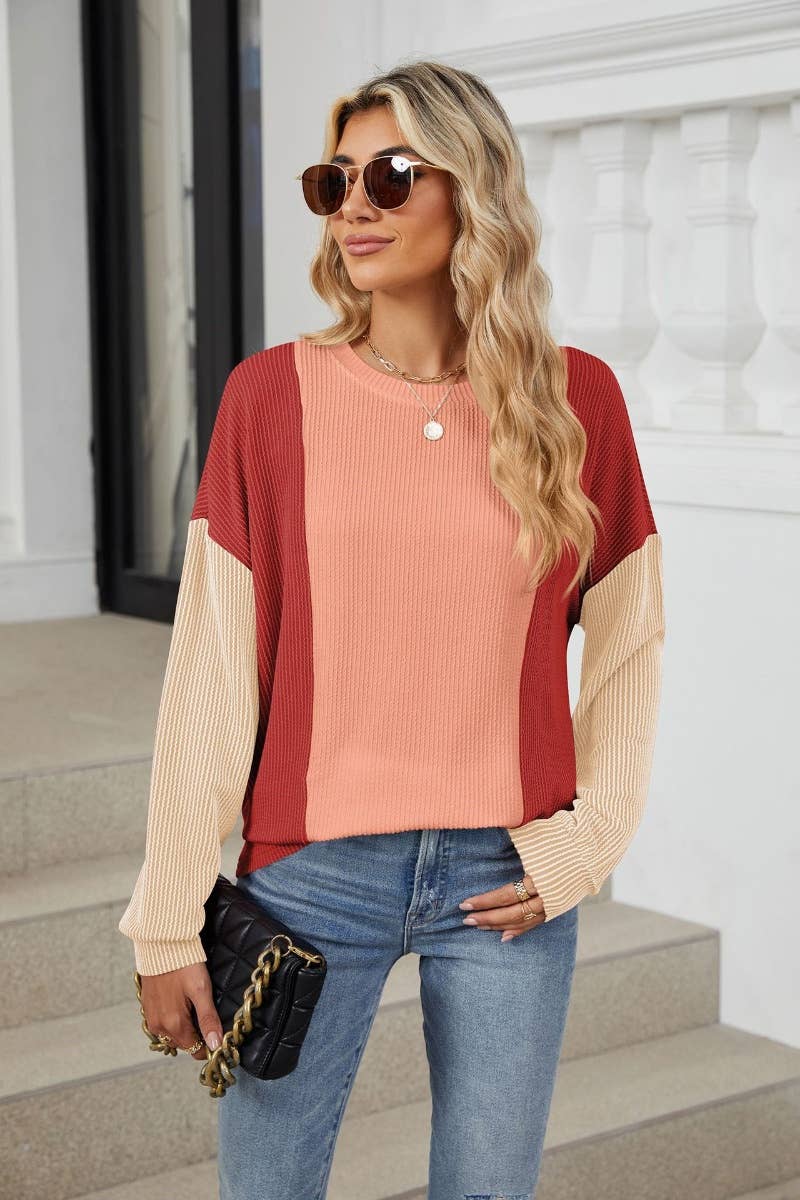 CWTBLL2872_CREW-NECK PATCHWORK LOOSE LONG-SLEEVED TOP