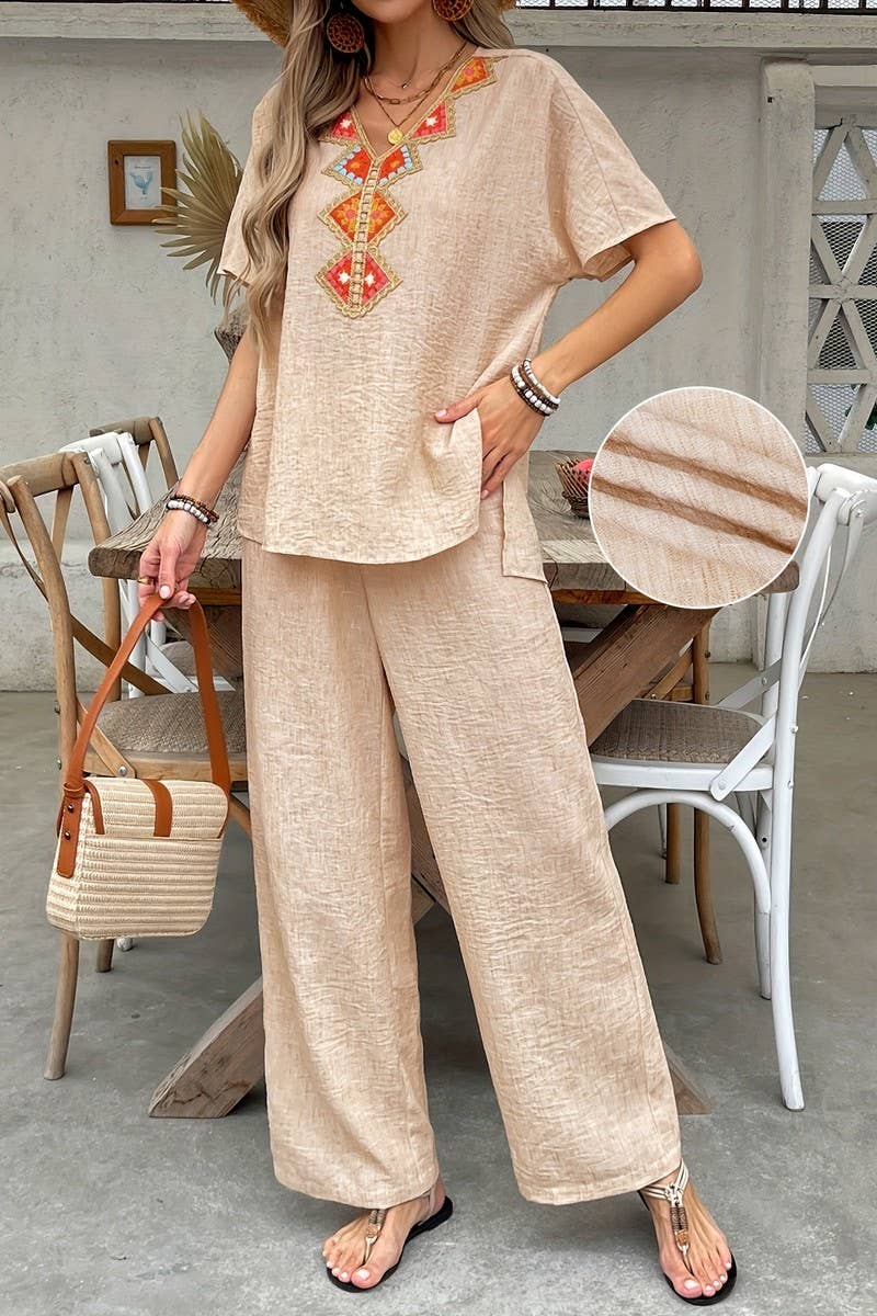 CWSTB2162_TEXTURED LACE-TRIMMED LOOSE FIT TWO-PIECE SET