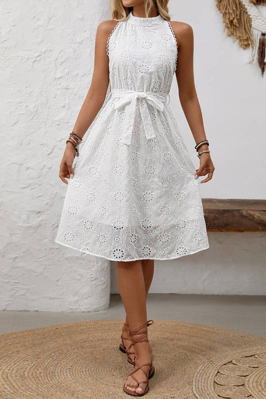 CWDSD8204_EMBROIDERED HIGH WAIST ELEGANT WAIST HALTER DRESS