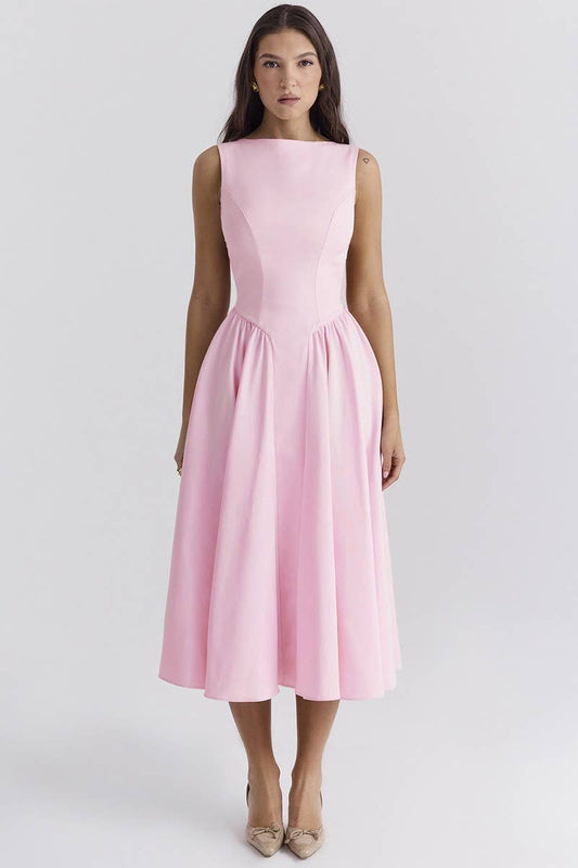 CWDMD5549_LUXURY MONOCHROME ROUND NECK BACKLESS DRESS