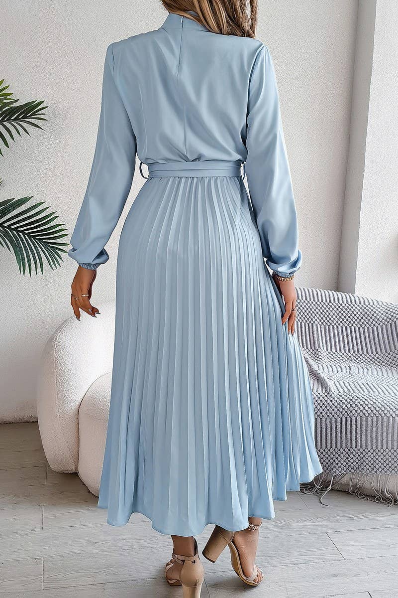 CWDMD3430_TIE STAND COLLAR PLEATED MAXI DRESS