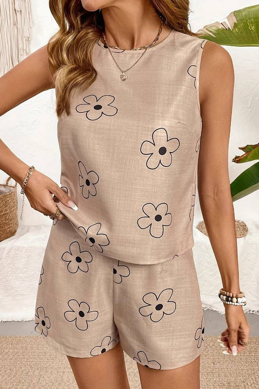 CWSTB2133_PRINTED ROUND NECK SLEEVELESS TOP & SHORTS SET