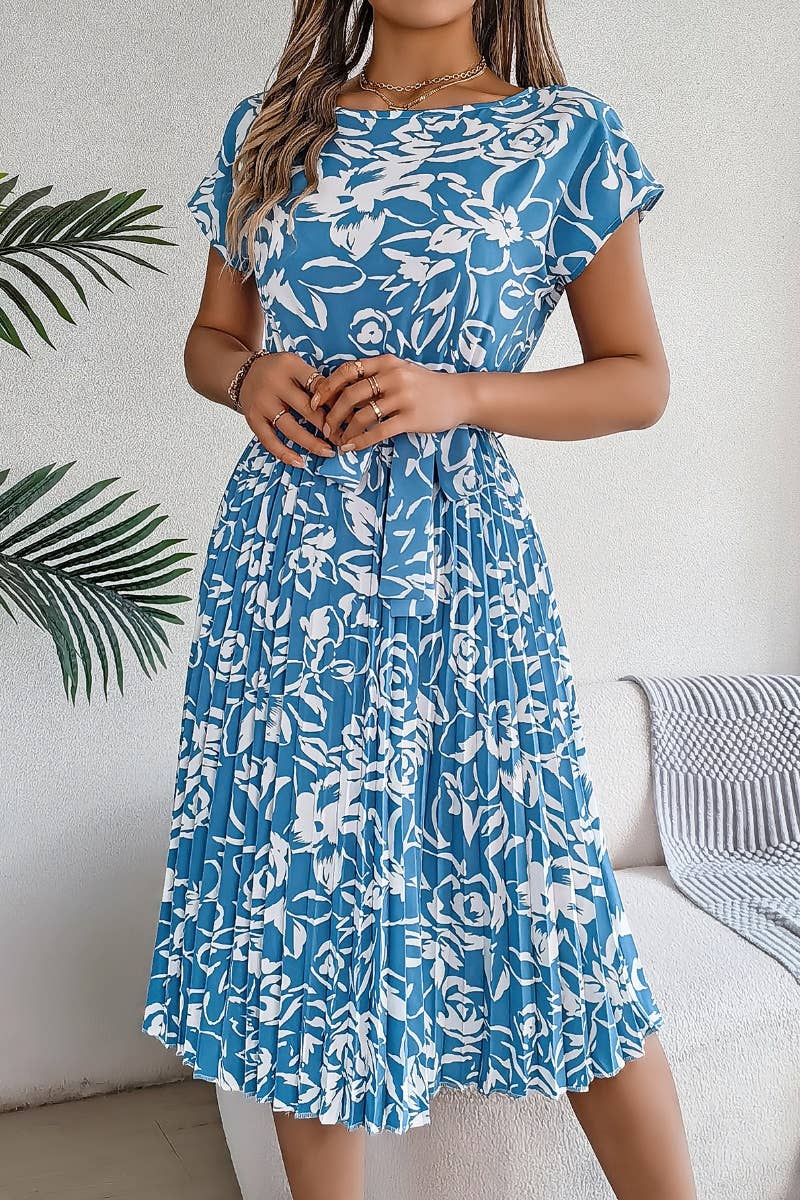 CWDMD2665_SUMMER FLOWER SHORT SLEEVE PLEATED DRESS