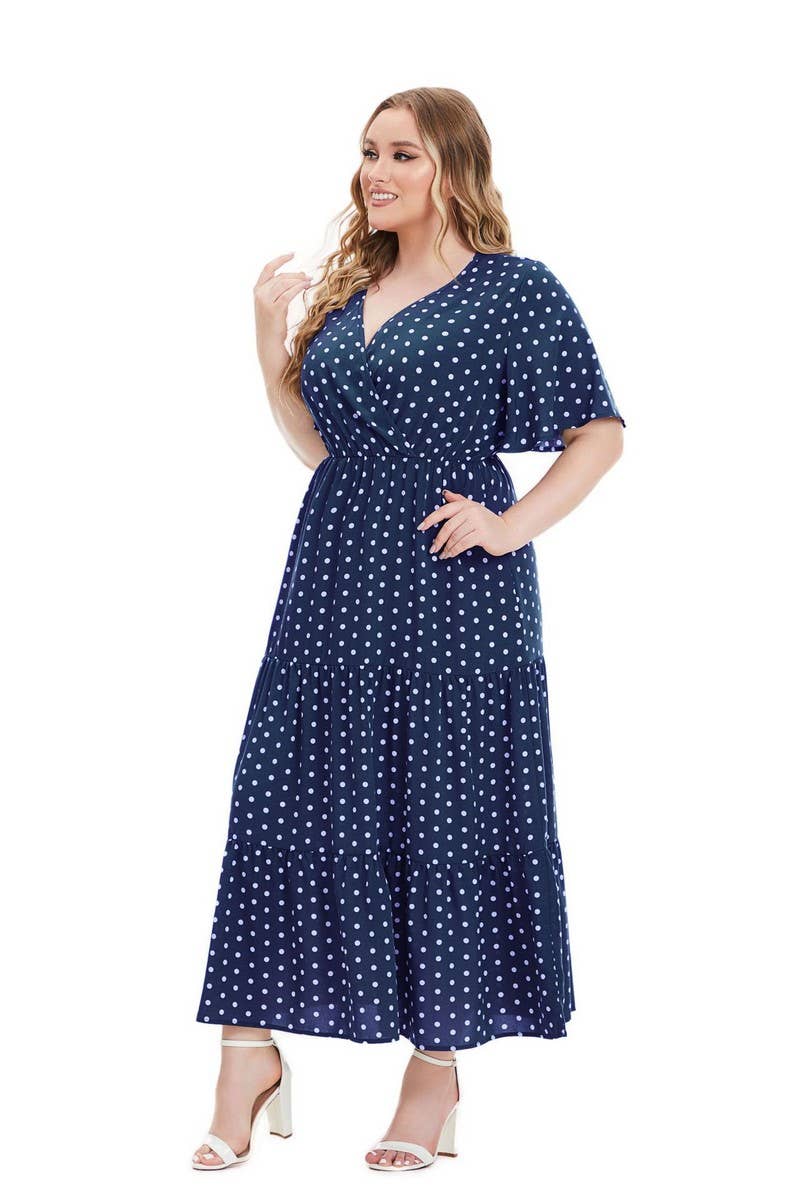 CWDMD3210_PLUS SIZE V-NECK POLKA DOT SHORT SLEEVE DRESS