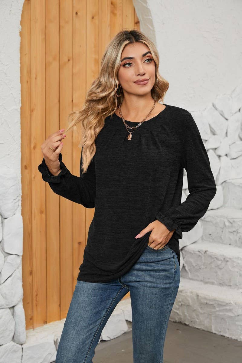 CWTBLL1048_SOLID COLOR LONG SLEEVE ROUND NECK CASUAL TOP