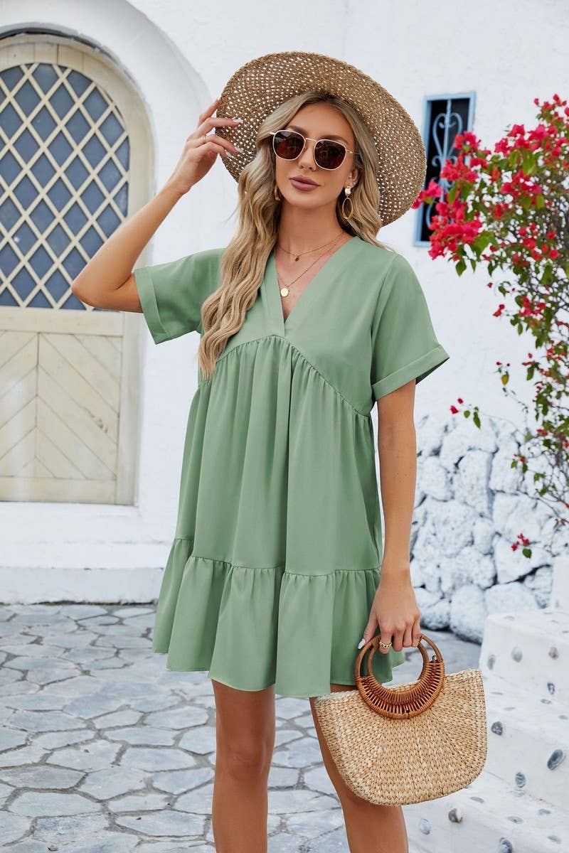 CWDSD3113_V Neck Tiered Short Sleeve Dress