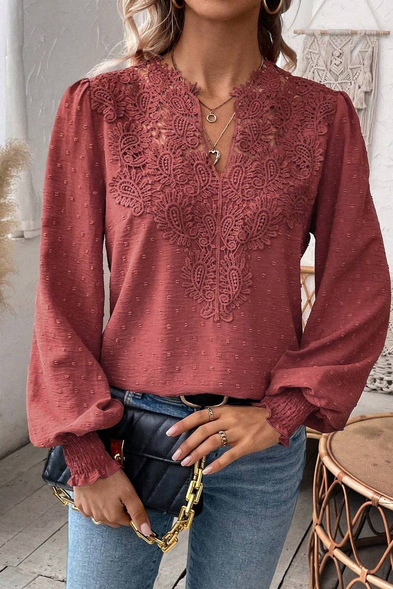 CWTTL2006_V-NECK LACE SOLID COLOR LONG-SLEEVED CASUAL TOP