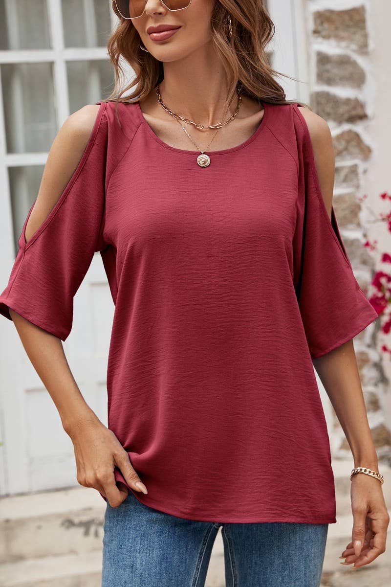 CWTBLS0365_Round neck  Short Sleeve Blouse