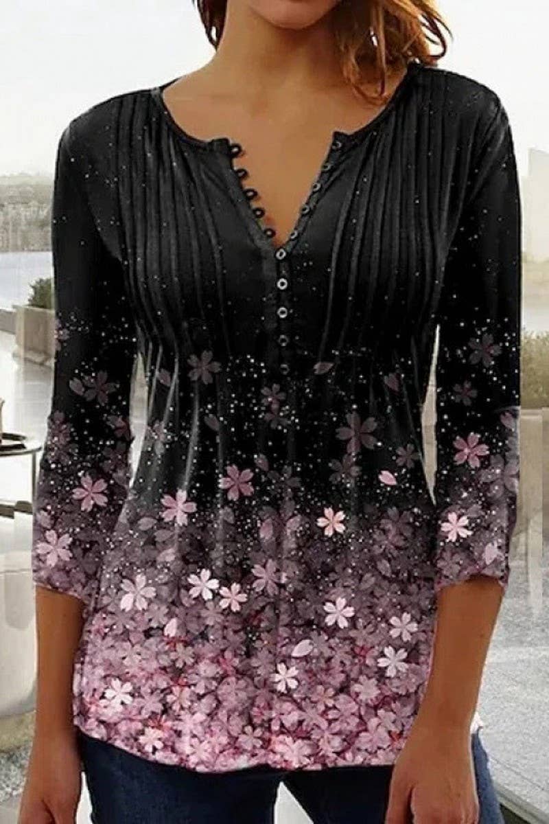 CWTTS1452_SPRING AND SUMMER V-NECK FLORAL BOTTOMING SHIRT