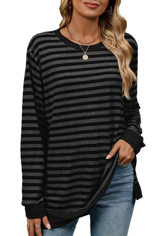 CWTBLL2354_ROUND NECK STRIPED COLORBLOCK LOOSE T-SHIRT TOP