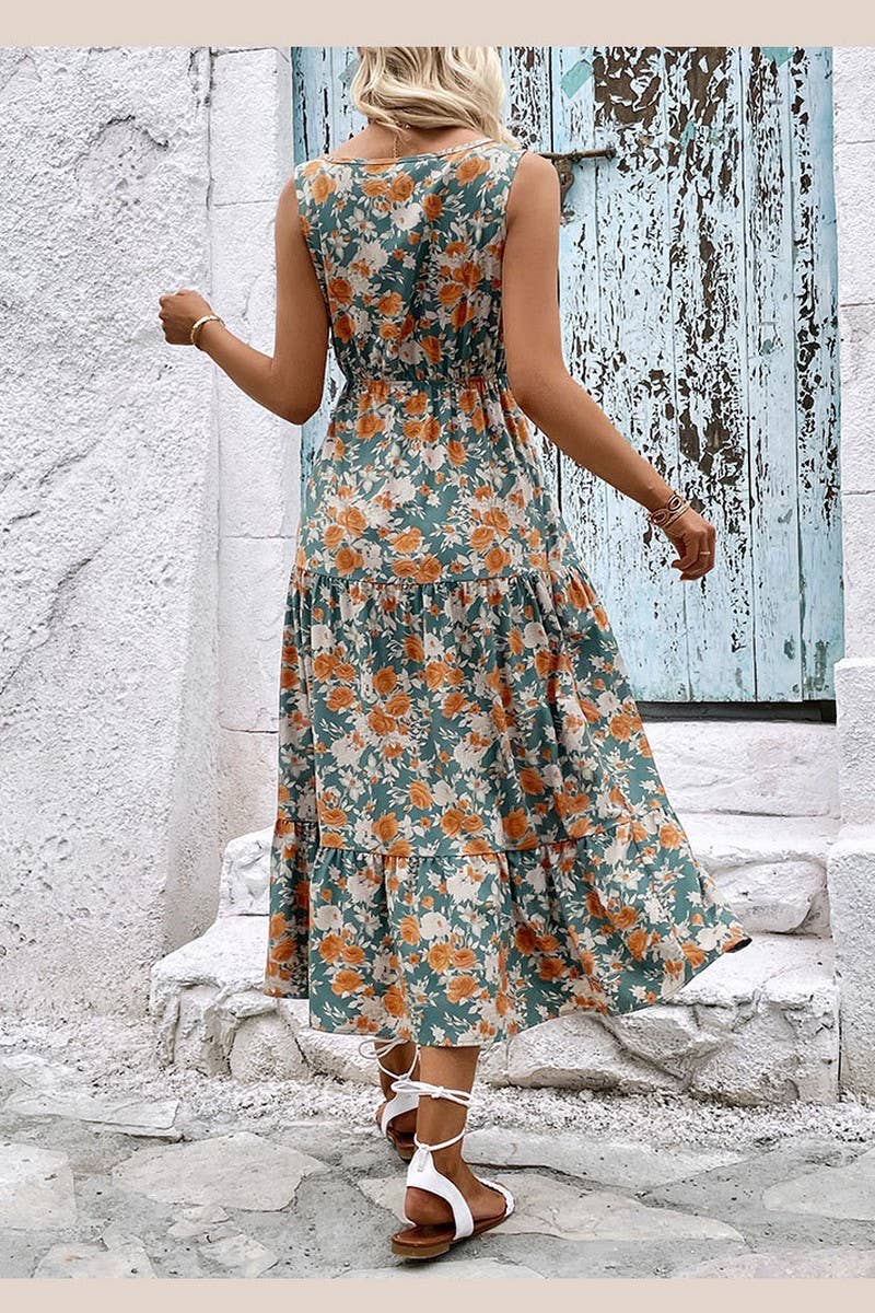CWDMD1872_V-NECK SLEEVELESS LAYERED PRINT MIDI DRESS