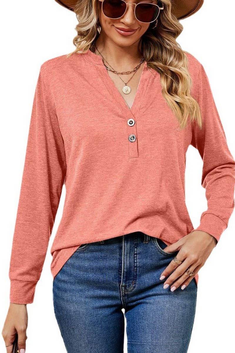 CWTBLL2371_V-NECK BUTTON LONG SLEEVE LOOSE PULLOVER TOP