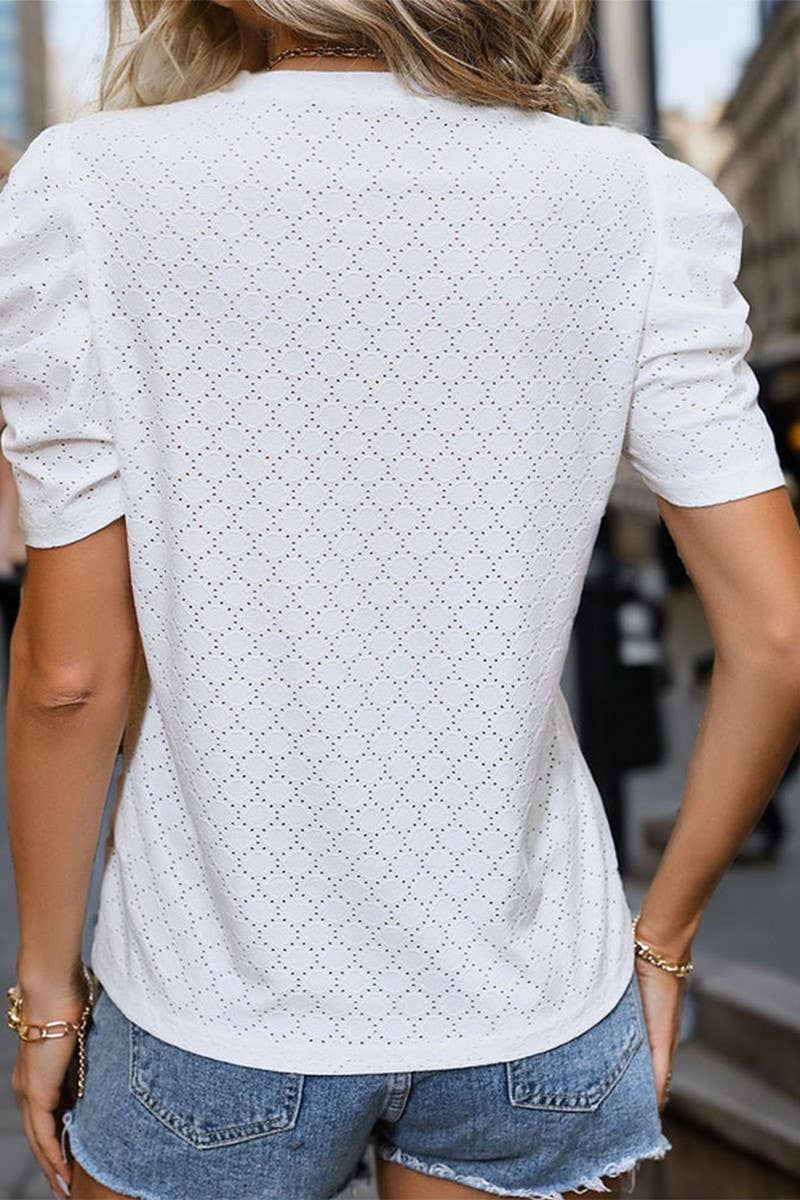 CWTBLS0681_WHITE CREW NECK PUFFY SLEEVE KNIT TOP