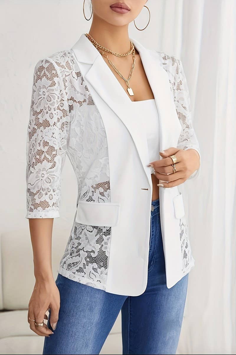 CWOCO1137_SOLID COLOR LACE PATCHWORK SMALL SUIT JACKET