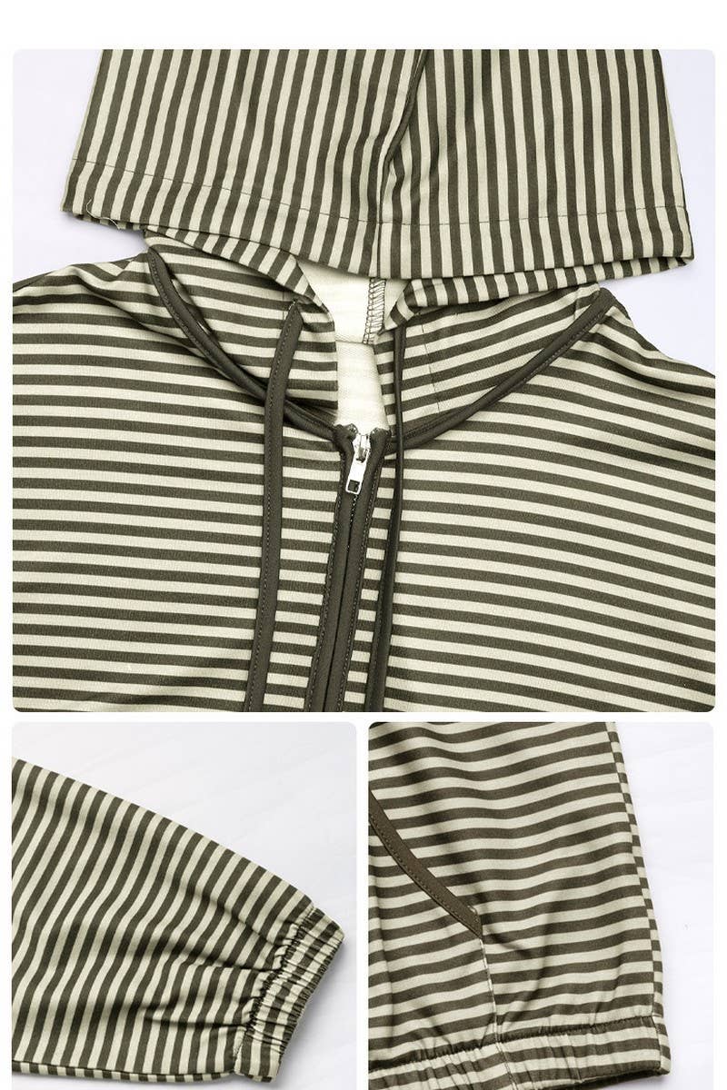 CWOCO1266_STRIPED LONG SLEEVE CASUAL HOODED JACKET