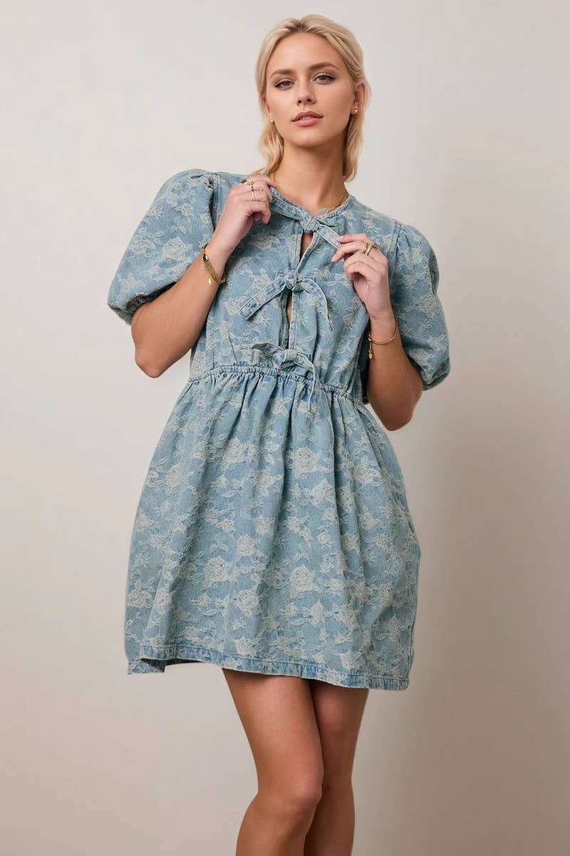 CWDSD8825_FLORAL PUFF SLEEVE DRAWSTRING DENIM DRESS