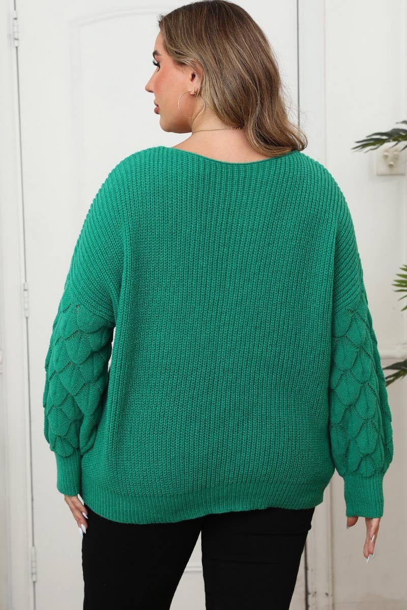 CWTTT00020_PLUS SIZE V NECK PUFF SLEEVE KNIT SWEATER TOP