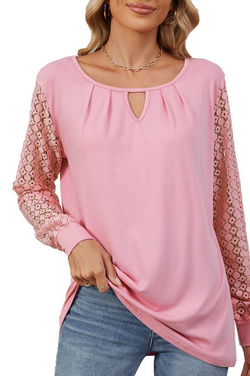 CWTBLL2366_SOLID COLOR LACE PATCHWORK LOOSE LONG-SLEEVED TOP