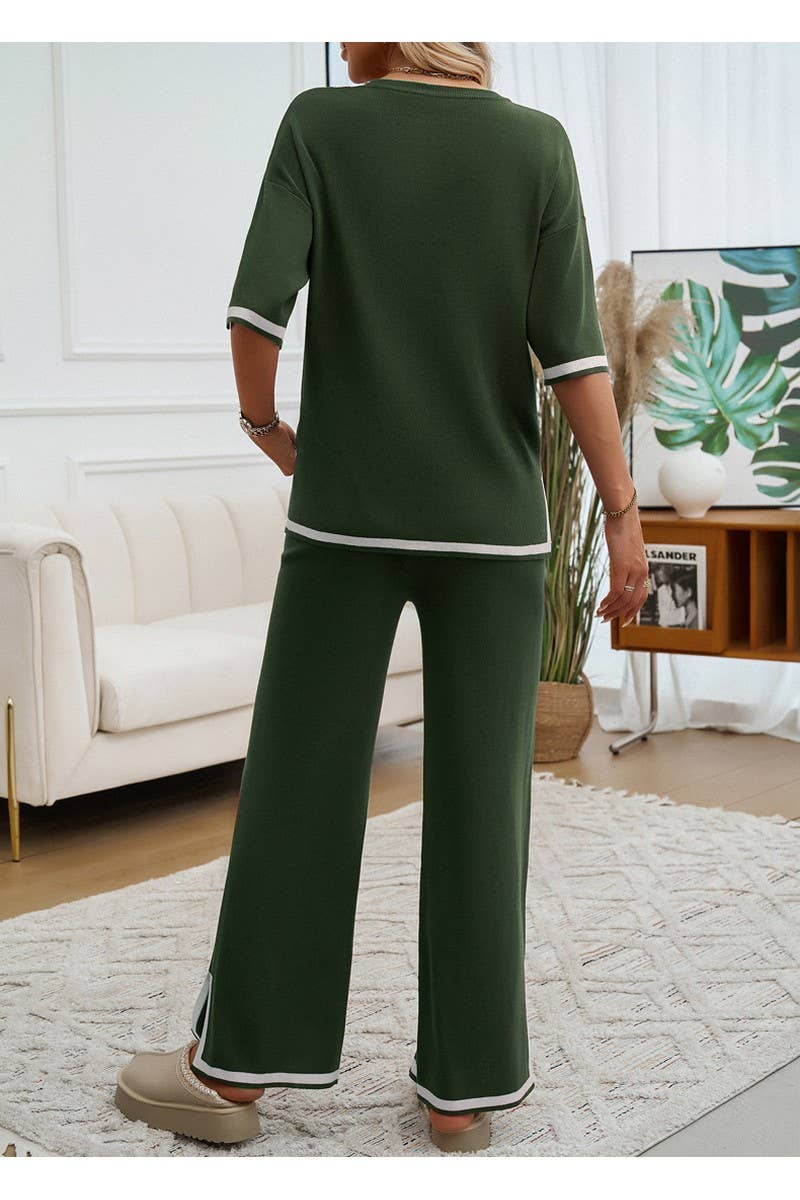 CWSTB0963_Color Matching Short Sleeved Top Pants Knit Set