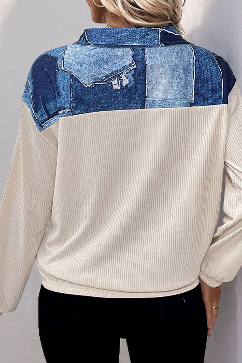 CWTBLL3706_CONTRAST COLOR CASUAL LAPEL PULLOVER SWEATSHIRT