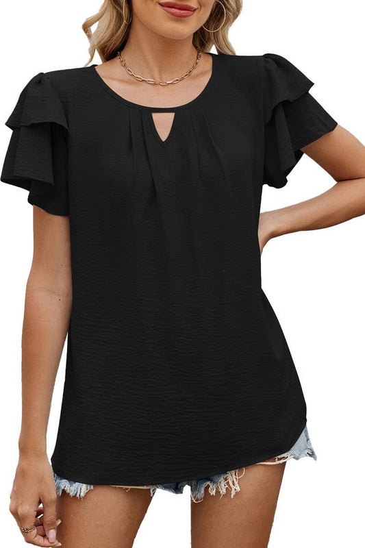 CWTTS1330_V-NECK HOLLOW DOUBLE-LAYER SLEEVE LOOSE T-SHIRT