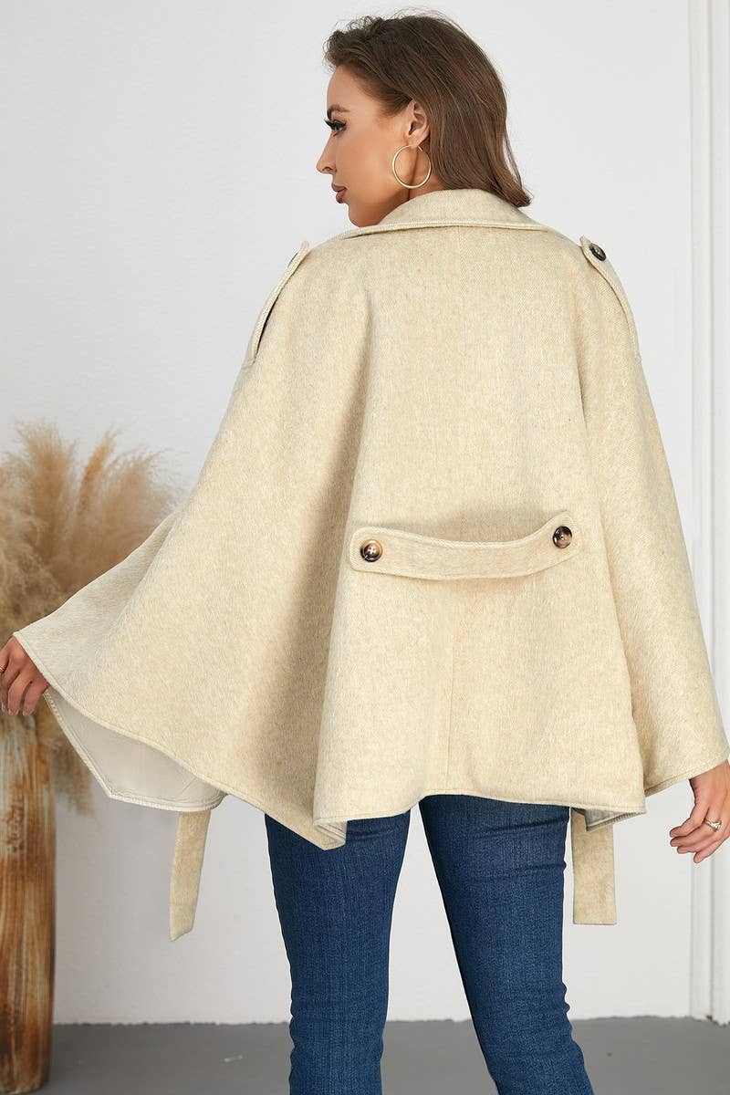 CWOCO0941_SOLID COLOR BELTED LAPEL CAPE TWEED COAT