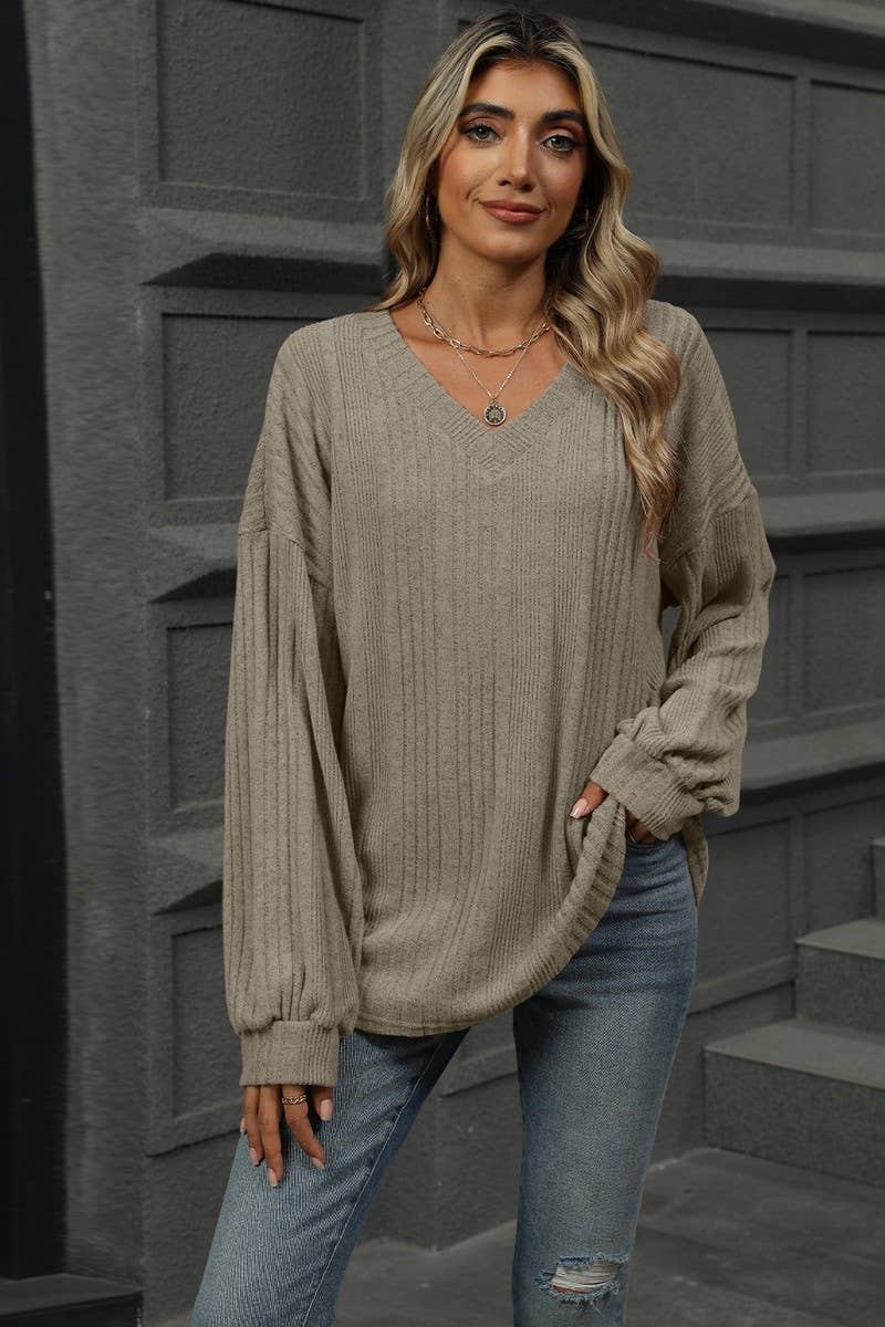 CWTBLL1868_SOLID COLOR V-NECK LOOSE RIBBED LONG-SLEEVED TOP