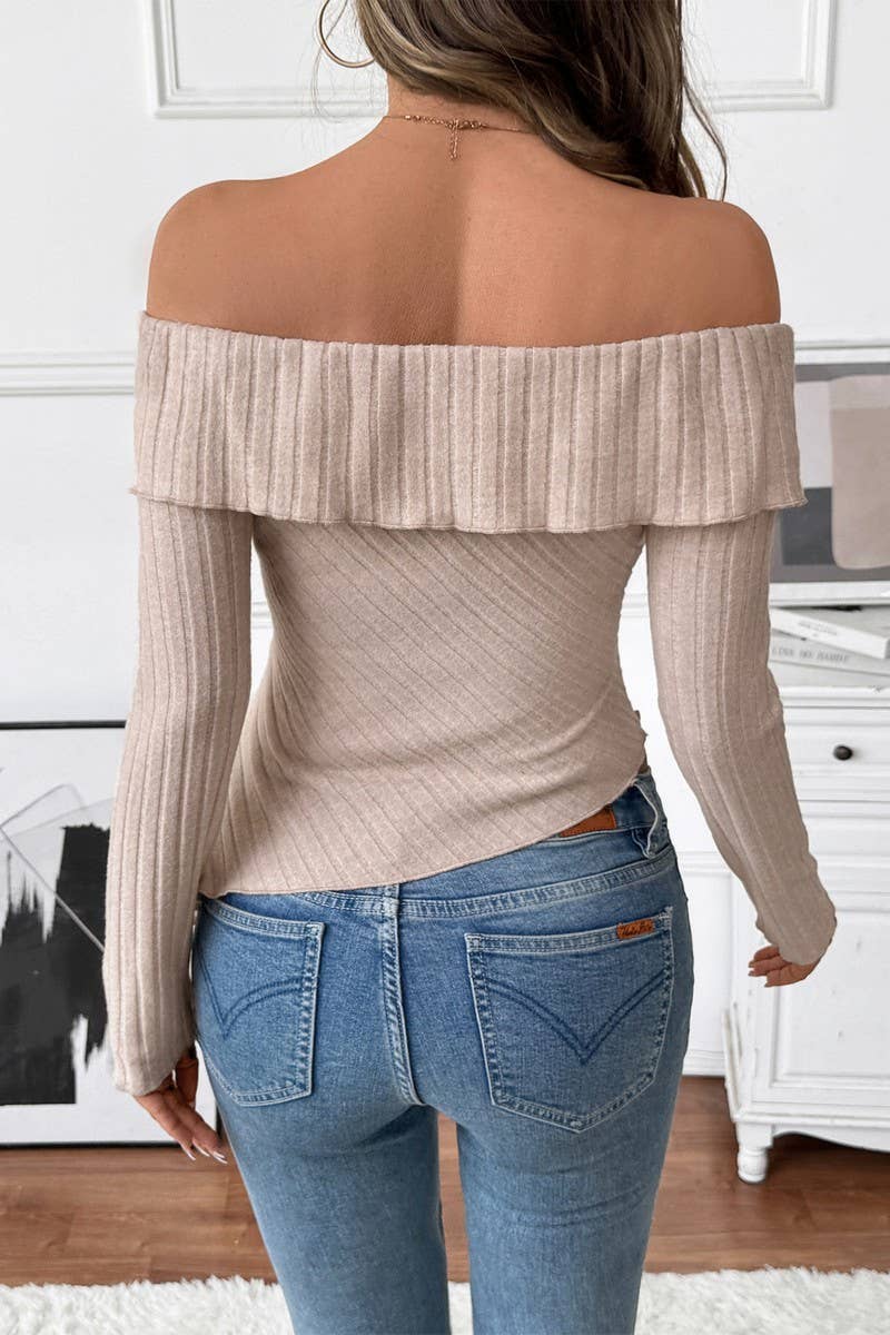 CWTBLL00753_SOLID COLOR LONG-SLEEVED IRREGULAR NECKLINE TOP