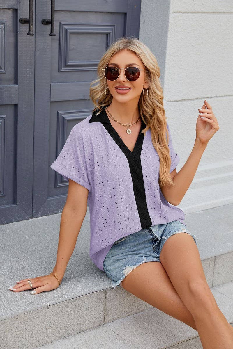 CWTTS0832_V-Neck Short Sleeve Knit Top