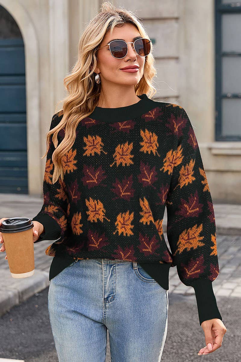 CWOSWL07299_CASUAL CREWNECK JACQUARD KNIT SWEATER WITH LEAF