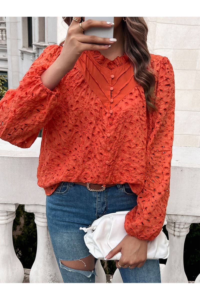 CWTBLL1140_Fashion Woven Hollow Puffy Sleeve Blouse