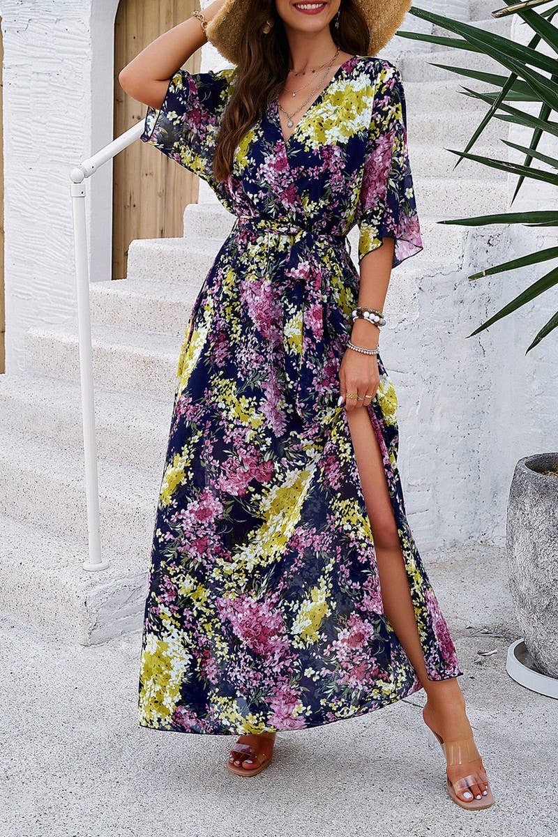 CWDMD0997_Deep V-Neck Wrap Short Sleeve Floral Print Dresses