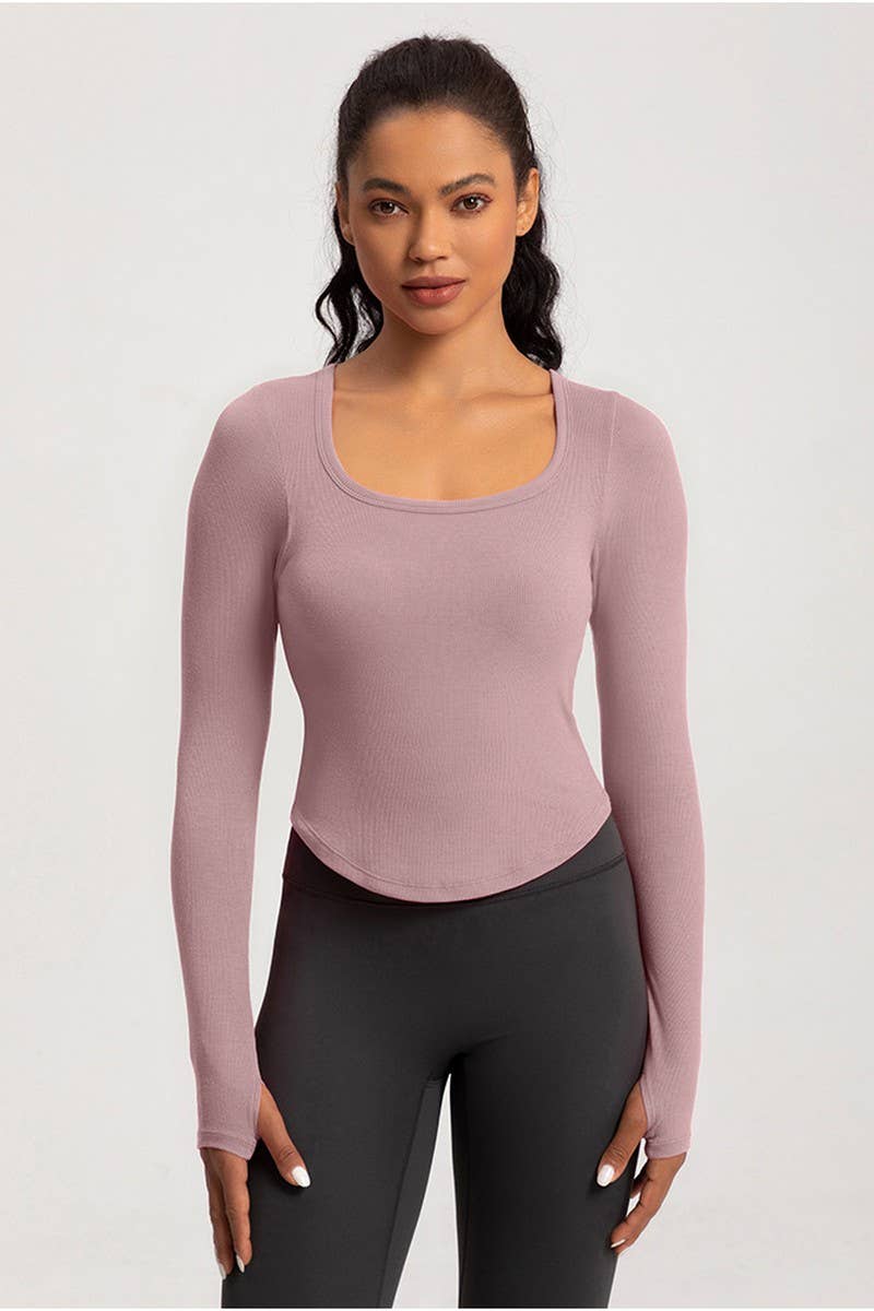 CWTBLL2940_SQUARE NECK TIGHT LONG SLEEVE PADDED FITNESS TOP