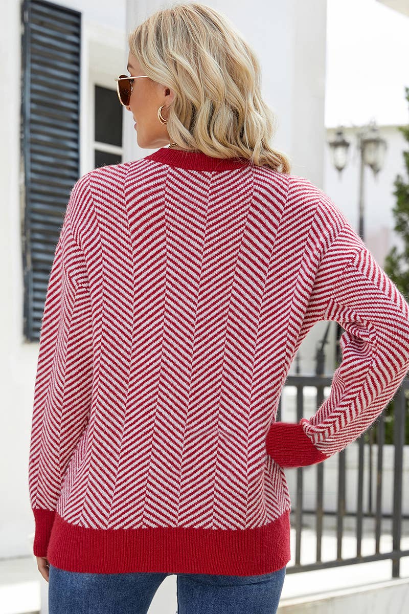 CWTTL1074 Striped Round Neck Knitted Panel Pullover Sweater