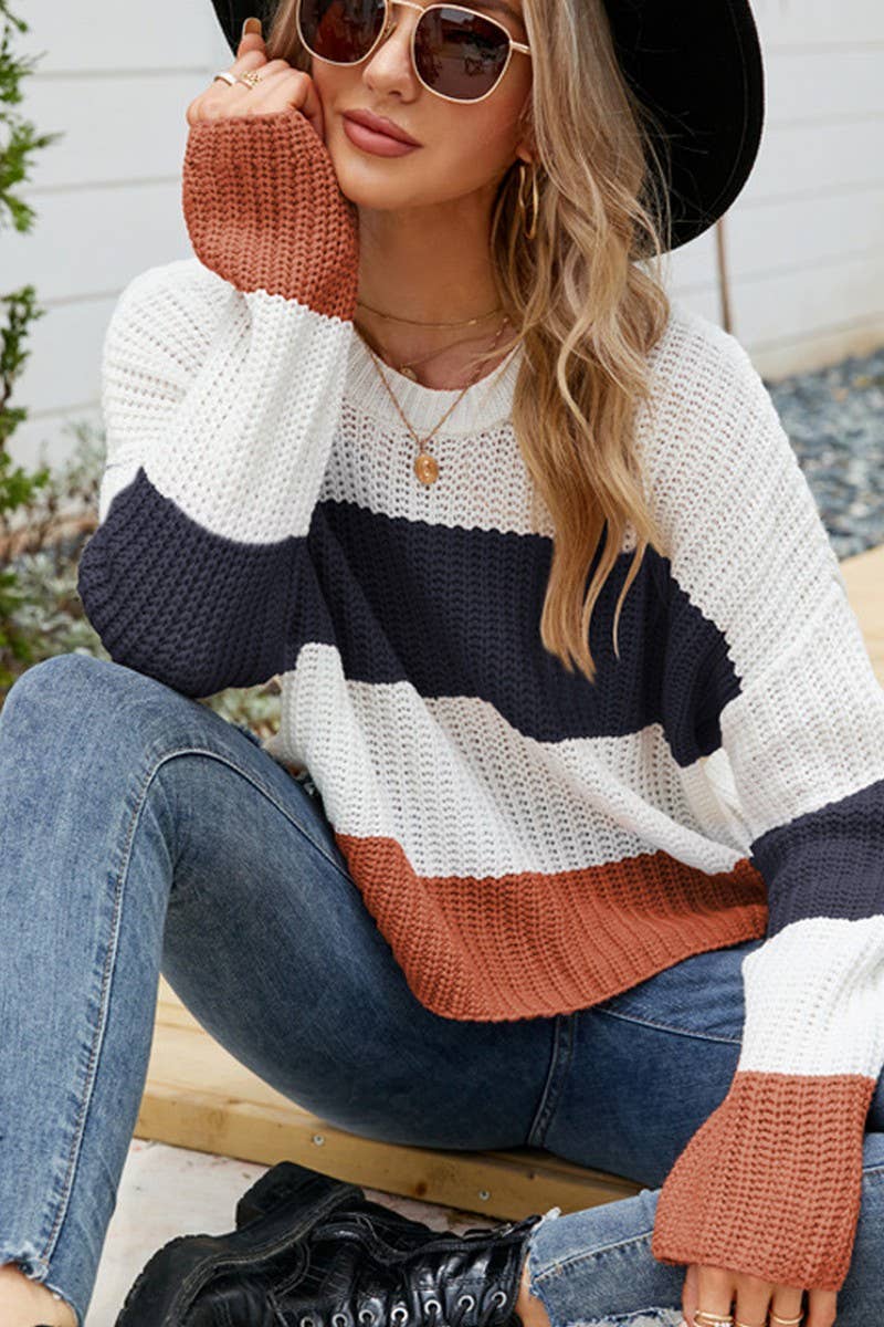 CWOSWL2708_CROPPED CASUAL STRIPED KNITTED SWEATER