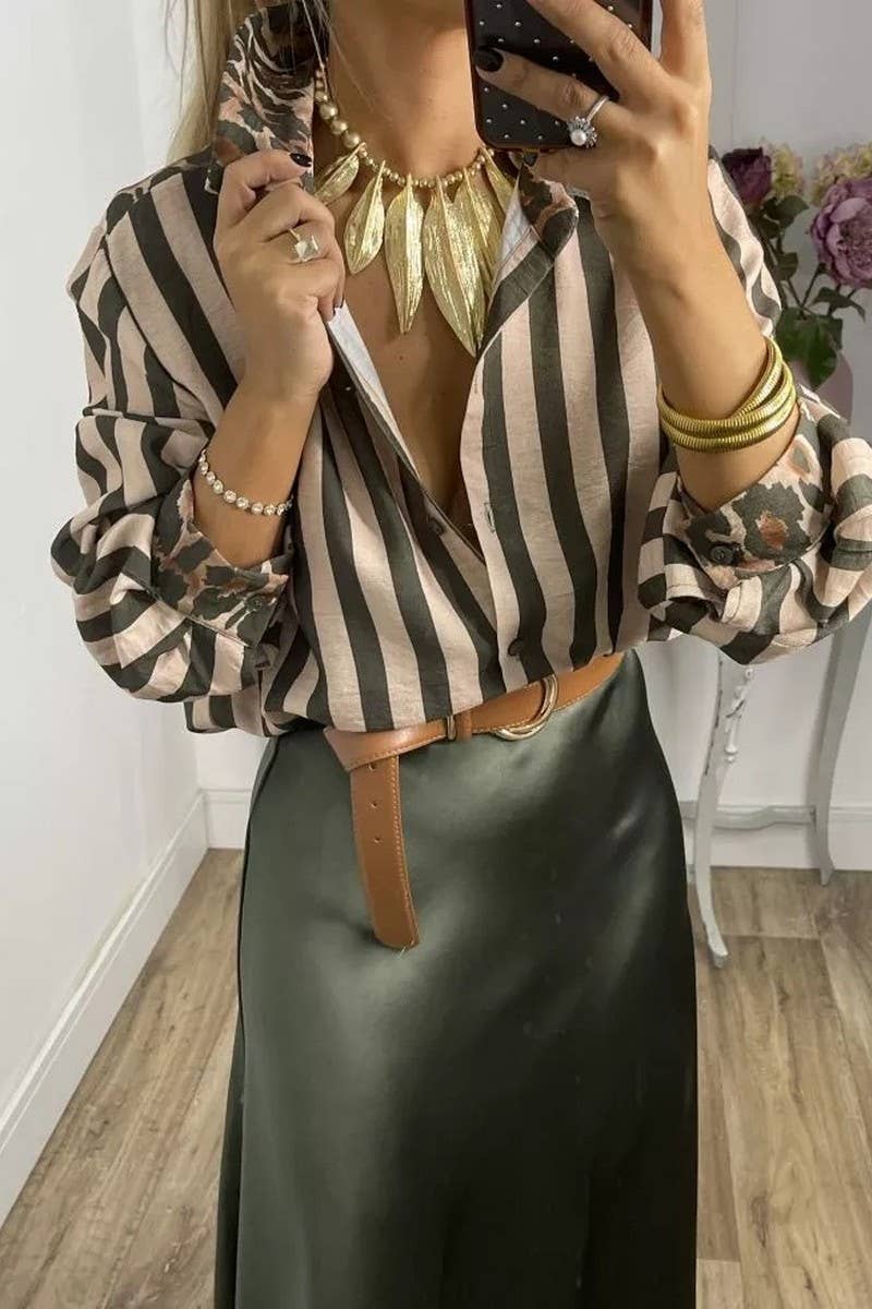 CWTSTL894_STRIPED AND LEOPARD PRINT LOOSE CASUAL SHIRT